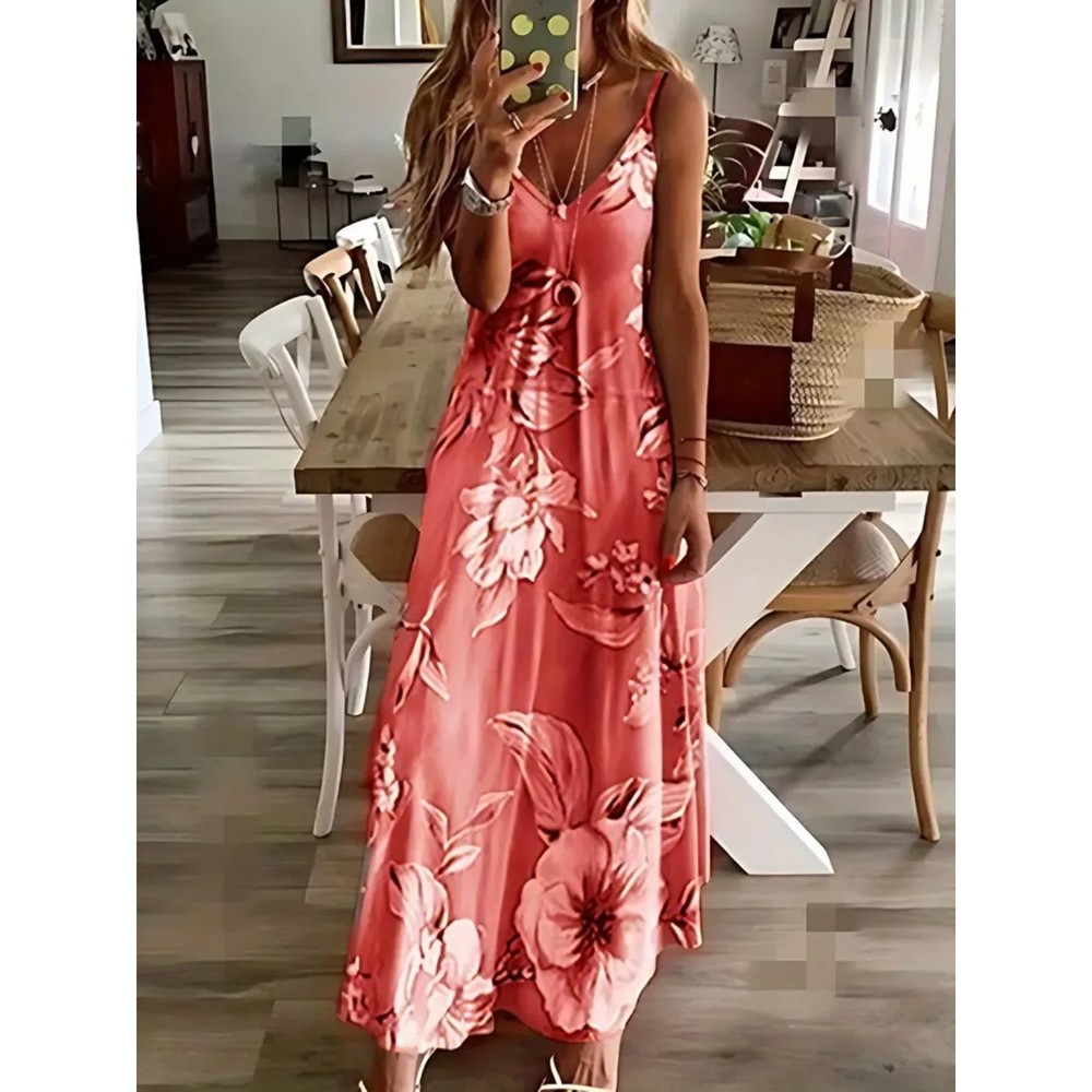 Floral Print Spaghetti Dress, Casual Crew Neck Ankle Cami Dress - Picture 1 of 3